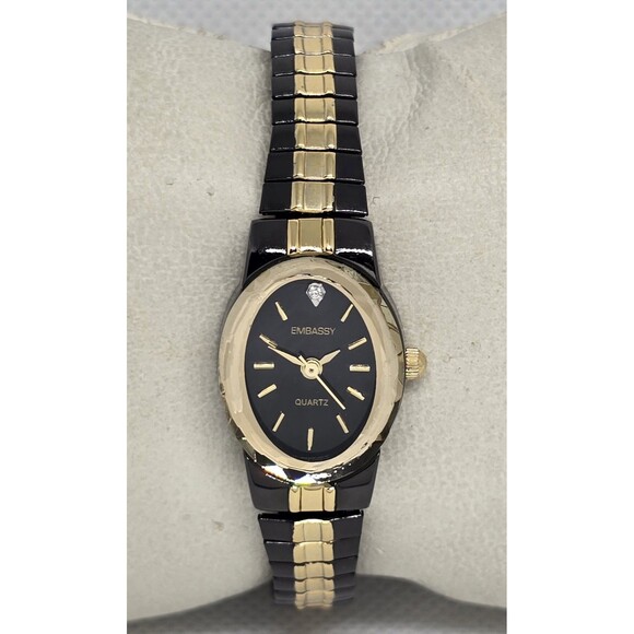 Embassy Accessories - Woman's Embassy Elegant Petite Oval Black Gold Two Tone Expansion Watch 10